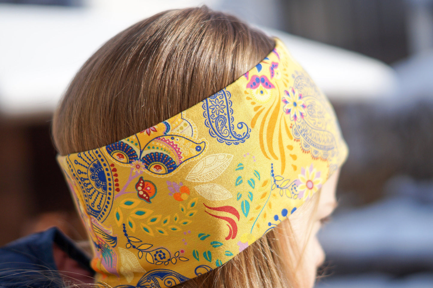 Stirnband gelb orientalisch blau Blumen Kinder Jersey