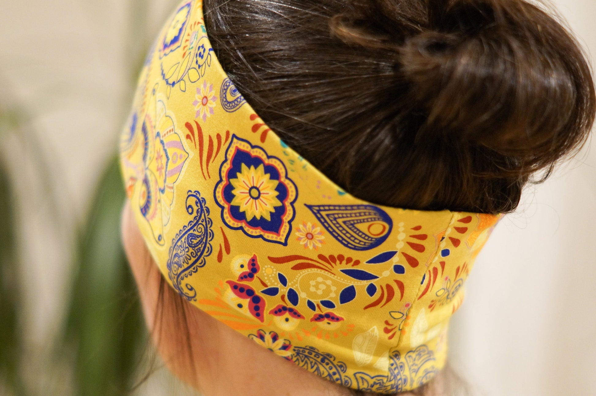 Stirnband gelb orientalisch blau Blumen Damen innen Fleece